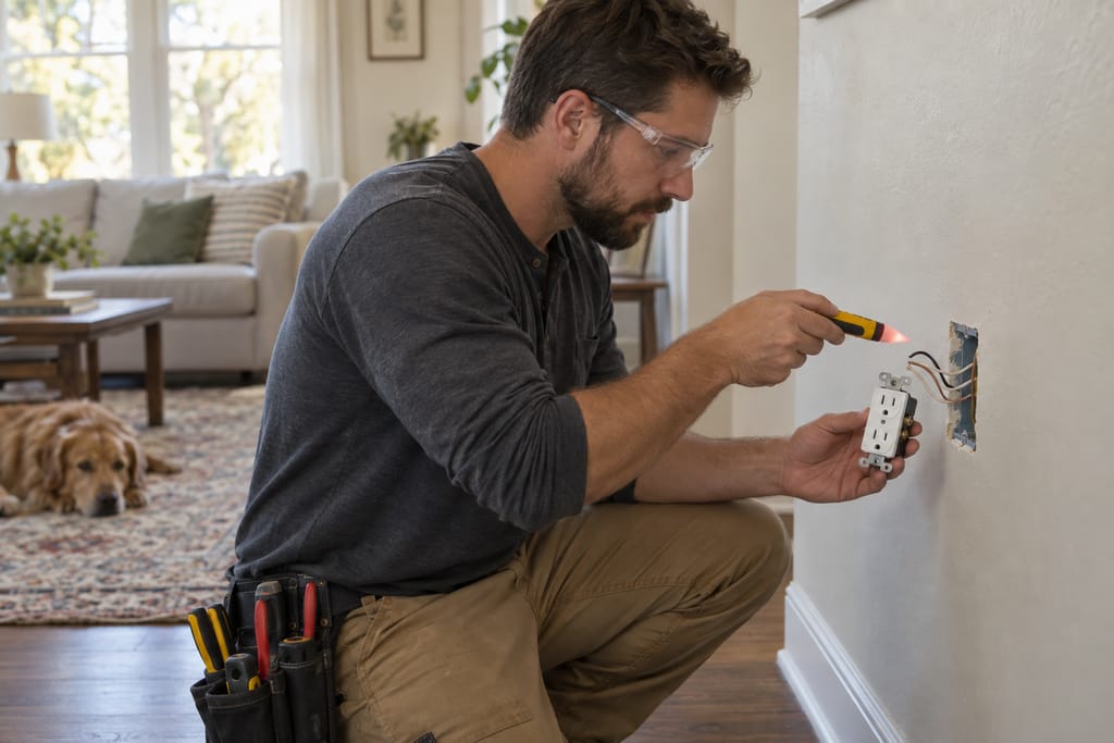 Electrician replacing a wall outlet with a voltage tester in hand