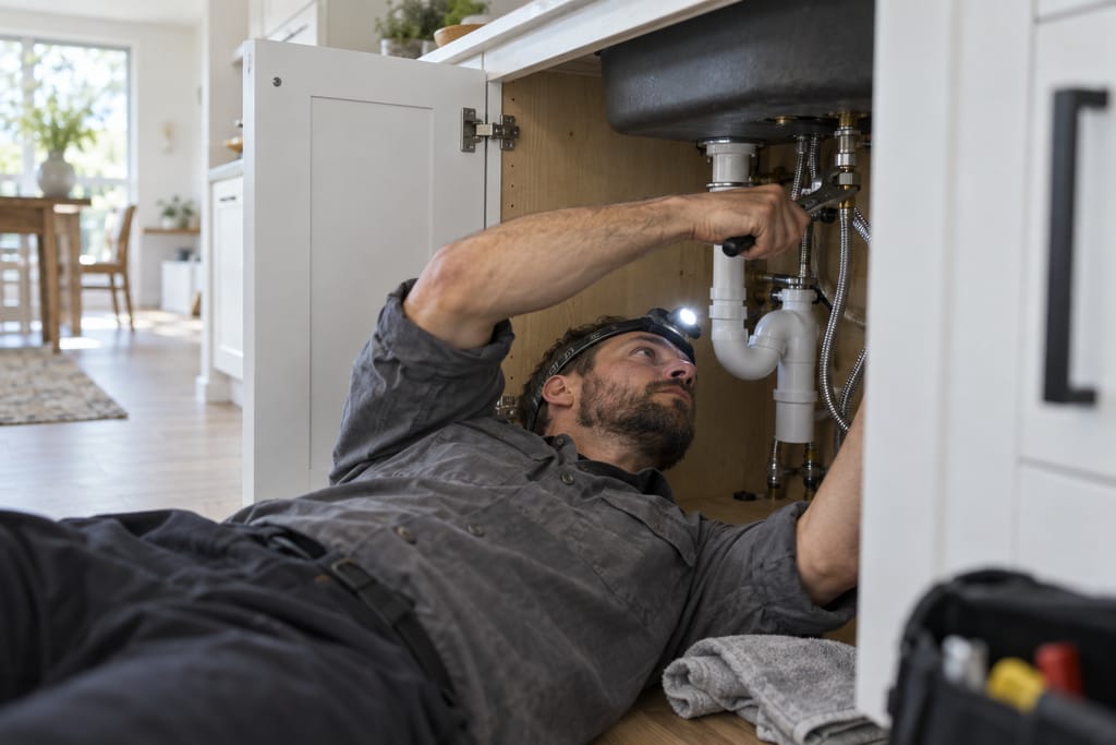 Licensed plumber tightening a supply line under a kitchen sink